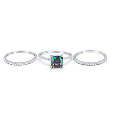 Princess Cut Wedding 3 Piece Ring Simulated Rainbow CZ 925 Sterling Silver